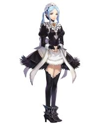 Rule 34 | 1girl, black thighhighs, blue hair, bridal gauntlets, female focus, fire emblem, fire emblem fates, fire emblem heroes, flora (fire emblem), full body, grey eyes, high heels, highres, long hair, looking at viewer, maid, maid headdress, nintendo, non-web source, official art, own hands together, parted bangs, skirt, smile, solo, standing, thighhighs, transparent background, twintails, zettai ryouiki