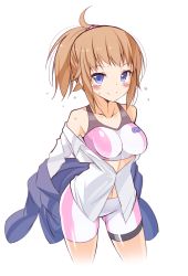 Rule 34 | 10s, 1girl, bike shorts, blue eyes, breasts, brown hair, gundam, gundam build fighters, gundam build fighters try, highres, hoshino fumina, jacket, large breasts, looking at viewer, midriff, navel, ohta yuichi, open clothes, open shirt, ponytail, scrunchie, shirt, short hair, smile, solo, sports bra, sweat, sweatdrop, two-tone sports bra