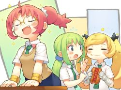 Rule 34 | 3girls, :d, bachera, blonde hair, blue skirt, blush, bracelet, eating, closed eyes, fang, female focus, food, food on face, glasses, green hair, green neckwear, highres, holding, holding food, hot dog, jewelry, ketchup, multiple girls, open mouth, original, pink hair, ponytail, round eyewear, shirt, skirt, smile, twintails, vest, wavy mouth, white shirt