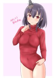 Rule 34 | 1girl, ame-san, black hair, breasts, closed mouth, commentary request, covered navel, cowboy shot, dated, gradient background, hair between eyes, hair ornament, heattech leotard, highres, kantai collection, leotard, long sleeves, looking at viewer, medium breasts, one-hour drawing challenge, red eyes, red leotard, red sweater, ribbed leotard, short hair, solo, sweater, turtleneck, twitter username, yamashiro (kancolle)