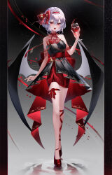 Rule 34 | 1girl, :d, absurdres, alternate costume, bare shoulders, bat wings, black dress, bow, bridal garter, commentary request, cup, dress, floral print, flower, full body, hairband, hand up, highres, holding, holding cup, leg ribbon, looking at viewer, low wings, open mouth, purple hair, red bow, red eyes, red flower, red footwear, red hairband, red ribbon, red rose, red skirt, remilia scarlet, ribbon, rose, shoes, short hair, skirt, sleeveless, sleeveless dress, smile, solo, touhou, wings, yukia (yukia 777)
