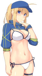 Rule 34 | 1girl, ahoge, artoria pendragon (fate), baseball cap, bikini, blonde hair, blue eyes, blue hat, blush, breasts, cleavage, commentary request, fate/grand order, fate (series), hair between eyes, hair through headwear, hat, large breasts, long hair, looking at viewer, mysterious heroine x (fate), mysterious heroine xx (fate), navel, ponytail, shiseki hirame, shrug (clothing), side-tie bikini bottom, simple background, smile, solo, swimsuit, thigh strap, white background, white bikini