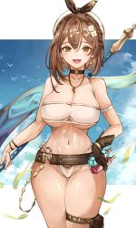 Rule 34 | 1girl, arm strap, atelier (series), atelier ryza, azur lane, bare shoulders, belt, bikini, blush, braid, breasts, brown belt, brown eyes, brown gloves, brown hair, brown ribbon, choker, cleavage, collarbone, earrings, gloves, gluteal fold, hair between eyes, hair ornament, hair ribbon, hairclip, hat, highres, jewelry, large breasts, leather, leather belt, leather gloves, looking at viewer, navel, necklace, pouch, pubic hair, pubic hair peek, reisalin stout, ribbon, short hair, single glove, skindentation, smile, solo, standing, star (symbol), star earrings, swimsuit, thick thighs, thigh gap, thigh pouch, thighs, vial, white bikini, white hat, yusha m