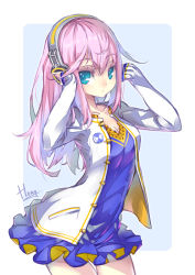 Rule 34 | 1girl, adjusting hair, blue eyes, breasts, cleavage, colored eyelashes, dress, frills, headphones, hong (white spider), jacket, long hair, open clothes, open jacket, original, pink hair, short dress, signature, solo