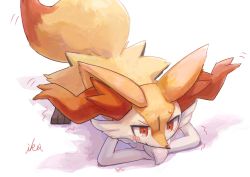 Rule 34 | all fours, animal ear fluff, animal ears, arm support, blush, braixen, creatures (company), fox ears, fox tail, full body, furry, game freak, gen 6 pokemon, highres, ikei, jack-o&#039; challenge, nintendo, pokemon, pokemon (creature), red eyes, signature, simple background, solo, sweat, symbol-only commentary, tail, trembling, tsurime, v-shaped eyebrows, white background