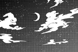 Rule 34 | cloud, comic, crescent moon, female focus, greyscale, monochrome, moon, night, night sky, no humans, shinoasa, silent comic, sky, star (sky), star (symbol), starry sky, touhou