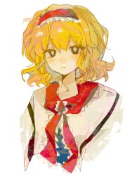 Rule 34 | 1girl, alice margatroid, blonde hair, blue shirt, bright pupils, capelet, closed mouth, colored eyelashes, curly hair, frilled hairband, frills, frown, hair between eyes, hairband, highres, looking at viewer, medium hair, neck ribbon, red hairband, red ribbon, ribbon, shirt, simple background, solo, touhou, white background, white capelet, white pupils, yellow eyes, youshouhaoxianzhe
