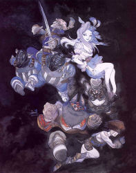 Rule 34 | 00s, 1girl, 5boys, amano yoshitaka, armor, baku (ff9), bandana, bare shoulders, beard, black footwear, black pants, blank (ff9), blue gloves, blue lips, blue skirt, boots, breasts, brown hair, cinna (ff9), cleavage, closed mouth, colored skin, corset, cuffs, facial hair, final fantasy, final fantasy ix, frilled sleeves, frills, full body, gloves, goggles, grey eyes, grey hat, headband, helmet, holding, holding sword, holding weapon, invisible chair, knee boots, long hair, looking at viewer, marcus (ff9), mask, medium breasts, multiple boys, navel, nero brothers, official art, outstretched arms, pants, pointy ears, puffy short sleeves, puffy sleeves, ruby (ff9), sheath, short sleeves, silver hair, sitting, skirt, smile, sword, unsheathing, weapon, white skin