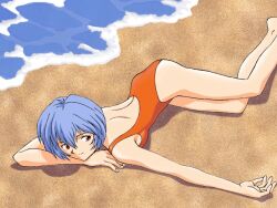 Rule 34 | 1990s (style), 1girl, artist request, ass, ayanami rei, backless swimsuit, bare back, beach, blue hair, closed mouth, curled fingers, day, feet out of frame, from above, gainax, hair between eyes, head on arm, head rest, light smile, looking at viewer, looking up, lying, neon genesis evangelion, non-web source, ocean, official art, on ground, on stomach, one-piece swimsuit, orange one-piece swimsuit, outdoors, outstretched arm, red eyes, retro artstyle, sand, short hair, shoulder blades, smile, solo, sunbathing, swimsuit