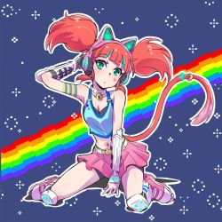 Rule 34 | 1girl, animal ear headphones, aqua eyes, axent wear, bell, breasts, cat day, cat ear headphones, cat girl, cat tail, cleavage, collar, commentary, fake animal ears, female focus, full body, headphones, iesupa, inline skates, navel, neck bell, neon katt, nyan cat, orange hair, pixel art, rainbow background, roller skates, rwby, sitting, skates, skirt, solo, tail, twintails