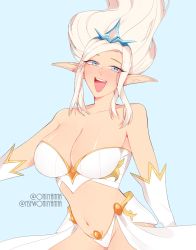 Rule 34 | 1girl, bare shoulders, blue eyes, breasts, cleavage, highres, janna (league of legends), large breasts, league of legends, long ears, long hair, looking at viewer, navel, oniiyanna, open mouth, pointy ears, smile, solo, tagme, white hair