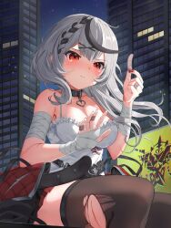 Rule 34 | 1girl, 339 akano, bandaged arm, bandaged hand, bandages, bandaid, bandaid on hand, bare shoulders, black collar, black hair, blood, blush, braid, brown thighhighs, camisole, closed mouth, collar, commentary, ear piercing, floating hair, frilled camisole, frills, grey hair, hair ornament, heart pendant, highres, holding bandaid, hololive, injury, jacket, unworn jacket, long hair, miniskirt, multicolored hair, night, outdoors, piercing, plaid, plaid skirt, pout, red eyes, red nails, red skirt, sakamata chloe, skirt, solo, streaked hair, tears, thighhighs, torn clothes, torn thighhighs, virtual youtuber, white camisole, x hair ornament