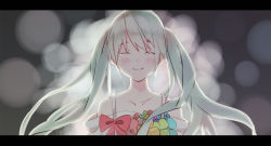 Rule 34 | 1girl, ^ ^, alternate costume, aqua flower, arms at sides, bare shoulders, blue hair, blurry, blush, bokeh, close-up, closed eyes, crying, depth of field, dress, floating hair, flower, green flower, grey background, hair between eyes, happy, hatsune miku, kanamishiu, letterboxed, long hair, orange flower, pink flower, pink ribbon, red flower, ribbon, simple background, sleeveless, sleeveless dress, smile, tears, twintails, upper body, very long hair, vocaloid, white dress