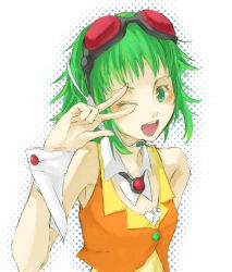 Rule 34 | 1girl, goggles, green eyes, green hair, gumi, looking at viewer, matching hair/eyes, nezuki, one eye closed, open mouth, red goggles, short hair, smile, solo, vocaloid, white background