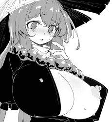 Rule 34 | 1girl, ajirogasa, bead necklace, beads, blush, breasts, dress, dripping, embarrassed, greyscale, hand up, hat, hijiri byakuren, huge breasts, jewelry, lactation, long hair, looking at breasts, looking down, monochrome, necklace, nipple slip, nipples, nose blush, open clothes, open dress, prayer beads, puffy nipples, solo, torso (hjk098), touhou, upper body