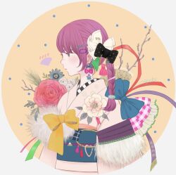 Rule 34 | 1girl, 2022, animal print, artist request, black bow, bow, braid, checkered clothes, earrings, flower, frills, hair bow, hair ornament, hairpin, japanese clothes, jewelry, kimono, obi, original, pink kimono, purple hair, red flower, red rose, ribata, rose, sash, signature, solo, upper body, yellow bow