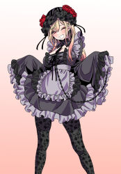 Rule 34 | 1girl, absurdres, apron, blonde hair, bow, bowtie, breasts, chain, commentary request, cosplay, dress, earrings, floral print, frilled apron, frilled dress, frills, gothic lolita, gradient background, gradient hair, highres, jewelry, kitagawa marin, kuroe shizuku, kuroe shizuku (cosplay), large breasts, lolita fashion, long hair, long sleeves, looking at viewer, multicolored hair, one eye closed, pantyhose, pink background, red eyes, simple background, skirt, sleeves past wrists, smile, sono bisque doll wa koi wo suru, waist apron, wide sleeves, yamashita shun&#039;ya