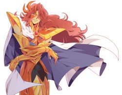Rule 34 | 10s, 1boy, amiko, armor, bad id, bad pixiv id, blue eyes, cancer schiller, cape, gold armor, gold trim, long hair, looking at viewer, male focus, red hair, saint seiya, saint seiya omega, simple background, smile, solo, standing, very long hair, white background