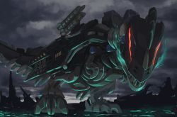 Rule 34 | absurdres, alkham, dinosaur, glowing, glowing eyes, highres, huge filesize, leaning forward, looking at viewer, looking down, mecha, no humans, omega rex, red eyes, robot, science fiction, solo, zoids, zoids wild, zoids wild zero