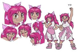 Rule 34 | 1girl, bakuten shoot beyblade, beyblade, blush, character name, character sheet, chen mao, closed mouth, dress, long hair, multiple views, official art, open mouth, pink hair, ponytail, shirt, sleeveless, slit pupils, teeth, white background, white shirt, yellow eyes