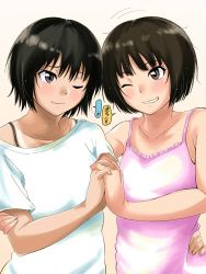 Rule 34 | 2girls, amagami, arm around back, arm around waist, black bra, black hair, blush, bob cut, bra, bra strap, breasts, brown background, brown eyes, brown hair, camisole, closed mouth, collarbone, commentary, gradient background, highres, holding hands, jishaku (user rcuz2843), looking at another, messy hair, motion lines, multiple girls, nanasaki ai, one eye closed, parted lips, pink camisole, raised eyebrows, shirt, short hair, side-by-side, small breasts, smile, speech bubble, t-shirt, tachibana miya, tan, tanline, translated, underwear, upper body, white shirt