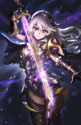 Rule 34 | 1girl, alternate costume, armor, armpits, ascot, athenawyrm, black armor, breasts, cape, cleavage, corrin (female) (fire emblem), corrin (fire emblem), dark background, fire emblem, fire emblem fates, gauntlets, glowing, glowing sword, glowing weapon, gluteal fold, greaves, grey hair, hairband, long hair, looking at viewer, nintendo, panties, red eyes, serious, solo, sword, thigh gap, thighhighs, torn cape, torn clothes, underwear, weapon, yato (fire emblem)
