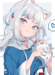 Rule 34 | 1girl, :3, :q, absurdres, animal ears, animal hood, bloop (gawr gura), blue eyes, blue hair, blue hoodie, blue nails, blush, cat ears, closed mouth, commentary, gawr gura, gawr gura (1st costume), grey hair, hair ornament, hands up, heart, highres, holding, hololive, hololive english, hood, hood down, hoodie, long hair, long sleeves, looking at viewer, mokyuko, multicolored hair, nail polish, shark hair ornament, shark hood, solo, spoken heart, streaked hair, striped, symbol-only commentary, tongue, tongue out, two side up, upper body, virtual youtuber