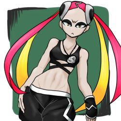 Rule 34 | 10s, 1girl, artist request, creatures (company), female focus, game freak, looking at viewer, multicolored hair, nintendo, pink hair, plumeria (pokemon), pokemon, pokemon sm, serious, simple background, solo, team skull, twintails, two-tone hair, yellow eyes