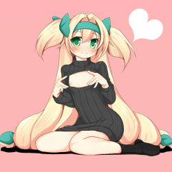 Rule 34 | 1girl, black socks, blazblue, blonde hair, cleavage cutout, clothing cutout, flat chest, godharo1, green eyes, hairband, heart, highres, long hair, looking at viewer, meme attire, nipples, open-chest sweater, pink background, platinum the trinity, ribbed sweater, sitting, socks, solo, sweater, turtleneck, very long hair, wariza