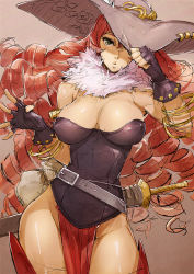 Rule 34 | 1girl, :o, bag, belt, big hair, bracelet, breasts, contrapposto, covered erect nipples, cowboy shot, drill hair, feathers, female focus, fingerless gloves, fur, gloves, green eyes, hat tip, jewelry, large breasts, last chronicle, long hair, nearupi, no bra, no panties, original, parted lips, pink hair, sheath, sheathed, sheriff badge, silver (atelier-tengu), sketch, solo, standing, strapless, sword, very long hair, weapon