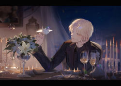 Rule 34 | 1boy, :|, absurdres, black suit, blonde hair, blurry, candle, candlestand, chair, closed mouth, commentary, cup, curtains, dark, desk, draco malfoy, drawing (object), drinking glass, english commentary, expressionless, fire, flower, formal, glint, grey eyes, hand on own cheek, hand on own face, harry potter (series), head rest, highres, holding, indoors, jewelry, lens flare, male focus, mirror, multiple rings, nose, origami, parted bangs, ring, short hair, sitting, softkittywarmkitty, solo, suit, vase, water drop, wine glass, wizarding world