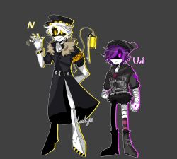 Rule 34 | 1boy, 1girl, beanie hat, boots, choker, coat, glitch productions, hair over one eye, hat, highres, murder drones, n (murder drones), purple eyes, purple hair, robot, size difference, tail, uzi (murder drones)