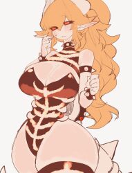 Rule 34 | 1girl, armlet, black sclera, blonde hair, blush, bowsette, bracelet, breasts, cleavage, collar, colored sclera, dry bowser, embarrassed, highres, horns, huge breasts, jewelry, large breasts, leotard, long ears, long hair, looking to the side, mario (series), new super mario bros. u deluxe, nintendo, nytail, pointy ears, red eyes, skeletal tail, skeleton print, spiked armlet, spiked bracelet, spiked collar, spikes, thick thighs, thighhighs, thighs, usa37107692, wide hips