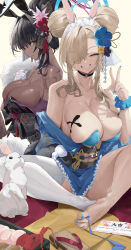 Rule 34 | 2girls, ^ ^, absurdres, alternate costume, alternate hairstyle, animal ears, arm tattoo, asuna (blue archive), asuna (bunny) (blue archive), bare shoulders, barefoot, between toes, black choker, black hair, black hairband, black kimono, black leotard, blue archive, blue kimono, blue leotard, blue nails, blue ribbon, bodypaint, breasts, choker, cleavage, closed eyes, closed mouth, commentary request, dark-skinned female, dark skin, double bun, earrings, facing viewer, fake animal ears, feet, fingernails, fishnet pantyhose, fishnets, flower, food, frilled hairband, frilled kimono, frills, fur-trimmed kimono, fur trim, geta, gloves, grin, hair bun, hair flower, hair intakes, hair ornament, hair over one eye, hair up, hairband, halo, highres, indian style, japanese clothes, jewelry, karin (blue archive), karin (bunny) (blue archive), kimono, large breasts, lemoneko, leotard, leotard under clothes, light brown hair, long fingernails, long hair, looking at viewer, looking to the side, maid headdress, mole, mole on breast, multiple girls, nail polish, no shoes, number tattoo, obi, off shoulder, omikuji, pantyhose, playboy bunny, rabbit, rabbit ears, raised eyebrows, ribbon, sash, scrunchie, shoes, unworn shoes, simple background, single bare leg, single thighhigh, sitting, smile, stud earrings, sweatdrop, tassel, tassel hair ornament, tattoo, thighhighs, thighs, toenail polish, toenails, toes, translation request, v, white gloves, white hairband, white thighhighs, wrist scrunchie, yellow eyes
