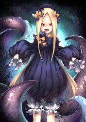 Rule 34 | abigail williams (fate), absurdres, artist request, black bow, black dress, black hat, blonde hair, bloomers, bow, dress, fate/grand order, fate (series), forehead, hair bow, hat, highres, long hair, open mouth, orange bow, parted bangs, pink eyes, polka dot, polka dot bow, ribbed dress, sleeves past fingers, sleeves past wrists, smile, solo, tentacles, underwear, white bloomers