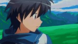 Rule 34 | 00s, 1boy, 1girl, animated, animated gif, black hair, blue sky, blush, closed eyes, cloud, cloudy sky, from side, hetero, hiraga saito, jacket, kiss, long hair, looking at another, louise francoise le blanc de la valliere, lowres, mountain, outdoors, pink hair, screencap, sky, upper body, zero no tsukaima