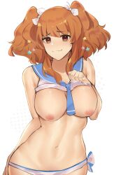 Rule 34 | 1girl, :3, absurdres, bow, breasts, breasts out, brown eyes, commission, deccatezu, hair bow, highres, idolmaster, idolmaster cinderella girls, large breasts, lifted by self, long hair, medium breasts, moroboshi kirari, navel, nipples, orange hair, sailor bikini, sailor collar, sailor swimsuit (idolmaster), short hair, short twintails, solo, star (symbol), stomach, twintails, white bow, wide hips
