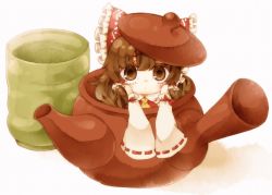Rule 34 | 1girl, ascot, bad id, bad pixiv id, bare shoulders, bow, brown eyes, brown hair, chibi, cup, detached sleeves, female focus, hair bow, hair tubes, hakurei reimu, in container, japanese clothes, kyouda suzuka, long hair, looking at viewer, miko, mini person, minigirl, ribbon, solo, teacup, teapot, touhou, yunomi