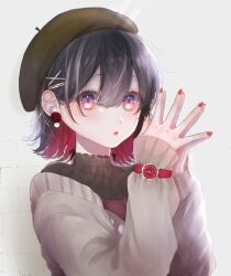 Rule 34 | 1girl, absurdres, beret, black hair, brick wall, brown hat, collarbone, commentary request, earrings, glint, grey sweater, hair between eyes, hair ornament, hairclip, hands up, hat, highres, ichijiku (user yhjw8354), jewelry, long sleeves, looking at viewer, multicolored hair, nail polish, original, own hands together, parted lips, pom pom (clothes), pom pom earrings, purple eyes, red hair, red nails, shadow, short hair, sleeves past wrists, solo, steepled fingers, sweater, two-tone hair, upper body, watch, wristwatch, x hair ornament