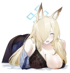 Rule 34 | 1girl, absurdres, animal ear fluff, animal ears, bare shoulders, bent over, black bra, black panties, black pantyhose, blonde hair, blue archive, blue eyes, blue shirt, blush, bra, breasts, cleavage, commentary request, hair over one eye, highres, kanna (blue archive), lace, lace-trimmed bra, lace trim, large breasts, long hair, looking at viewer, nipples, one breast out, open mouth, panties, panties under pantyhose, pantyhose, shirt, simple background, solo, sweat, underwear, white background, yanyo (ogino atsuki)