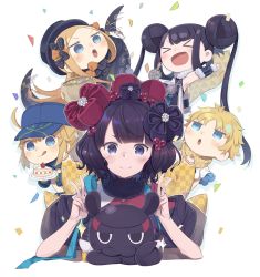 Rule 34 | &gt; &lt;, 1boy, 4girls, :d, :q, abigail williams (fate), animal, arm up, armpits, artoria pendragon (fate), baseball cap, black dress, black hair, black kimono, blonde hair, blue eyes, blue headwear, blush, brown scarf, cake, cake slice, closed eyes, commentary request, confetti, double bun, double v, dress, fate/grand order, fate/requiem, fate (series), food, fruit, hair bun, hair through headwear, hat, highres, holding, holding plate, japanese clothes, katsushika hokusai (fate), kimono, long hair, long sleeves, motion lines, multiple girls, mysterious heroine x (fate), mysterious heroine xx (fate), octopus, open mouth, parted bangs, plate, puffy long sleeves, puffy sleeves, scarf, short sleeves, sleeveless, sleeveless dress, sleeves past wrists, smile, strawberry, tasuki, tentacles, tokitarou (fate), tongue, tongue out, totatokeke, twintails, v, v-shaped eyebrows, very long hair, voyager (fate), white background, xd, yang guifei (fate), yang guifei (first ascension) (fate)