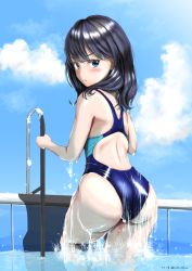 Rule 34 | 1girl, ass, black hair, blue eyes, blue sky, blue one-piece swimsuit, cloud, competition swimsuit, cowboy shot, day, from behind, frown, garter-velvet, gridman universe, highres, long hair, looking at viewer, looking back, one-piece swimsuit, outdoors, pool ladder, sky, solo, ssss.gridman, swimsuit, takarada rikka, twitter username, water, wet, wet clothes, wet swimsuit