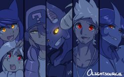 Rule 34 | 6+boys, ?, animal ears, aoi (lightsource), artist name, bad id, bad pixiv id, baseball cap, black sclera, blue hair, blue theme, cat boy, cat ears, clenched teeth, collarbone, colored sclera, commentary request, fang, glowing, glowing eyes, hat, head tilt, jacket, jewelry, lightsource, male focus, mole, mole under eye, monochrome, monster boy, multiple boys, murasaki (lightsource), necklace, open clothes, open jacket, open mouth, original, parted lips, red eyes, sharp teeth, smile, spot color, sweatdrop, teeth, trap, unzipped, upper body, white hair, yellow eyes