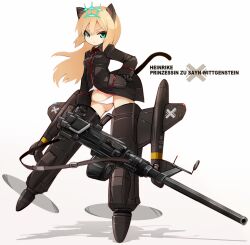 Rule 34 | 1girl, animal ears, aqua eyes, black gloves, black jacket, black tail, cannon, cat ears, cat tail, character name, closed mouth, gloves, hand on own hip, heinrike prinzessin zu sayn-wittgenstein, highres, hirschgeweih antennas, holding cannon, jacket, karukan (monjya), long hair, looking at viewer, military uniform, noble witches, panties, propeller, simple background, solo, striker unit, tail, underwear, uniform, white background, white panties, world witches series