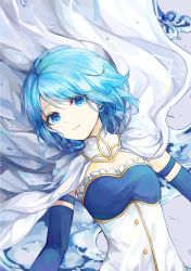 Rule 34 | 1girl, absurdres, blue eyes, blue hair, blue sleeves, breasts, cape, cleavage, detached sleeves, expressionless, hair between eyes, hair ornament, highres, lan su, looking at viewer, magical girl, mahou shoujo madoka magica, mahou shoujo madoka magica (anime), miki sayaka, short hair, small breasts, solo, upper body, water, water drop, white cape