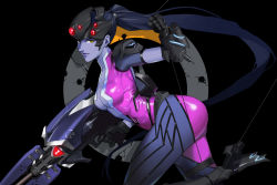Rule 34 | 1girl, ass, blackseem, blue skin, bodysuit, boots, breasts, colored skin, expressionless, glowing, gun, head-mounted display, highres, long hair, overwatch, overwatch 1, ponytail, rifle, skin tight, sniper rifle, solo, weapon, widowmaker (overwatch), yellow eyes