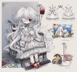 Rule 34 | absurdres, ahoge, animal, blood, blood bag, blush stickers, commission, crayon, creature, cross, drawing, dress, eyepatch, highres, lolita fashion, long hair, looking at viewer, medical eyepatch, meyou 0319, original, red eyes, red footwear, sitting, solo, very long hair, wheelchair, white dress, white hair