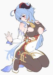 Rule 34 | 1girl, absurdres, bell, black bodysuit, black gloves, blue hair, blush, bodysuit, breasts, closed mouth, covered navel, cowbell, detached sleeves, full body, ganyu (genshin impact), genshin impact, gloves, goat horns, grey background, highres, horns, kneeling, large breasts, long hair, neck bell, nipples, red eyes, simple background, solo, suggestive fluid, sweat, torn bodysuit, torn clothes, torn gloves, very long hair, xubai
