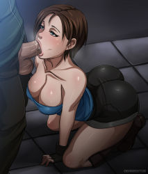 Rule 34 | 1boy, 1girl, :&gt;=, all fours, arm support, artist name, ass, bare shoulders, black gloves, blue eyes, blush, breasts, brown hair, capcom, cleavage, collarbone, deareditor, fellatio, fingerless gloves, gloves, hetero, indoors, jill valentine, large breasts, legs, lips, neck, oral, penis, resident evil, resident evil 3: nemesis, saliva, shiny skin, shoes, short hair, shorts, solo focus, strapless, sweat, testicles, thighs, tile floor, tiles, tube top, uncensored