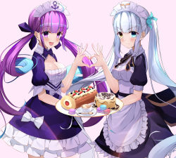 Rule 34 | 2girls, absurdres, ahoge, anchor symbol, apron, bad id, bad pixiv id, blue background, blue eyes, blue hair, blush, bow, braid, breasts, cake, candy, cleavage, colored inner hair, commentary request, cqingwei, cup, dress, finger heart, food, gloves, hair ribbon, heterochromia, highres, holding, holding plate, hololive, kagura gumi, kagura mea, long hair, looking at viewer, maid apron, maid headdress, medium breasts, minato aqua, minato aqua (1st costume), multicolored hair, multiple girls, open mouth, plate, purple dress, purple eyes, purple hair, ribbon, silver hair, simple background, smile, spoon, teacup, twintails, two-tone hair, virtual youtuber, white bow